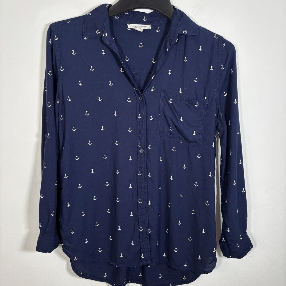 Beach Lunch Lounge Button Down Navy Anchor Printed Blouse Navy XS V Neck Viscose